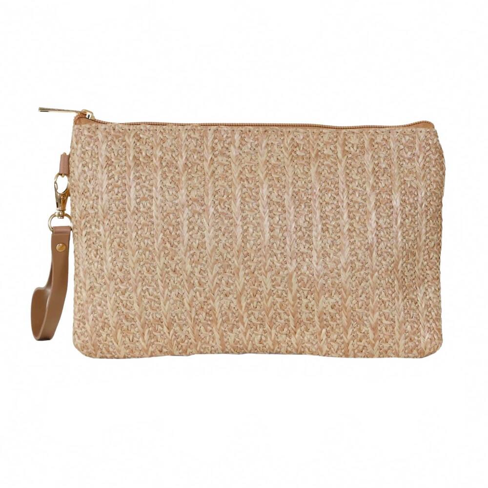 NEW 22TOTE women's straw wristlet clutch bag in tan